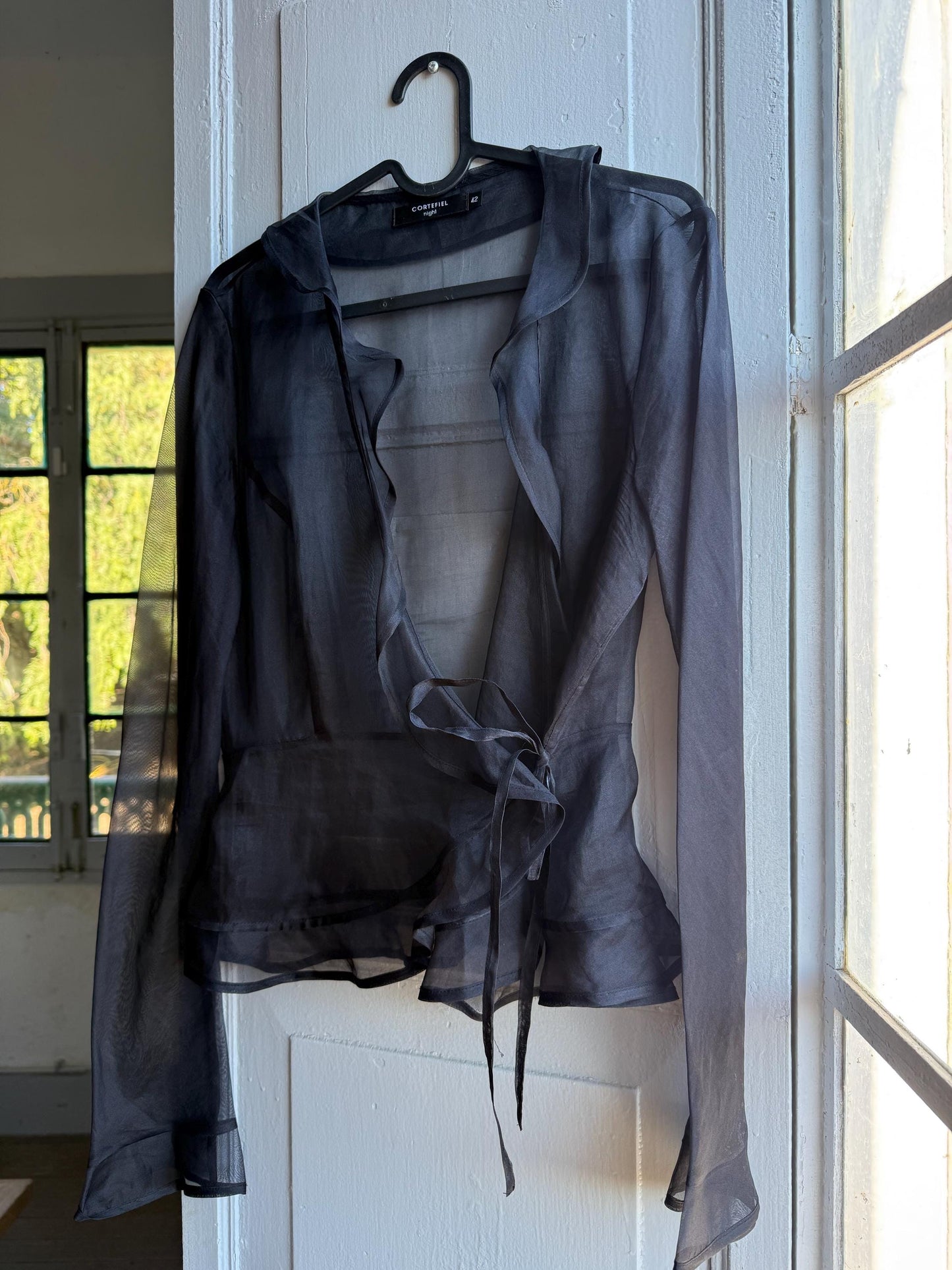 Black sheer ruffle blouse, Deep v neckline wrap top, elegant chic evening wear, size M