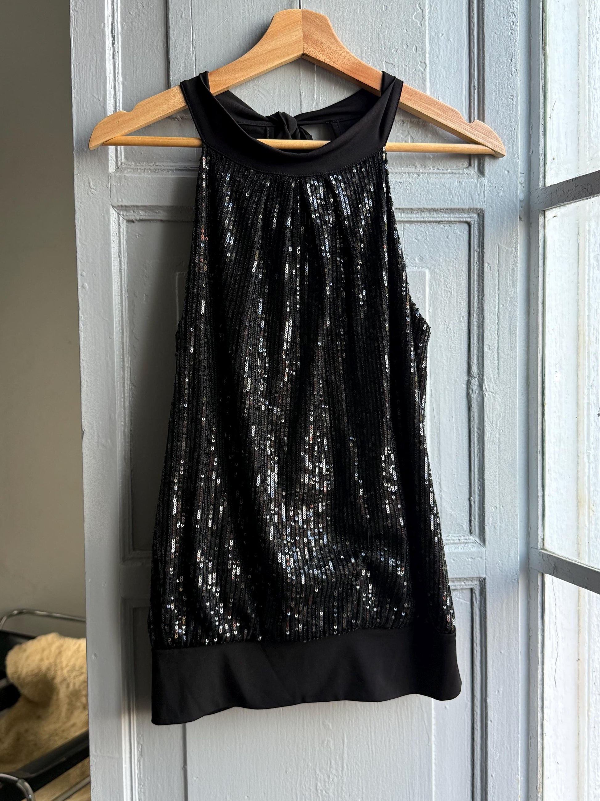 Black sequin halter top, NYE sparkly outfit, Festive party wear, S