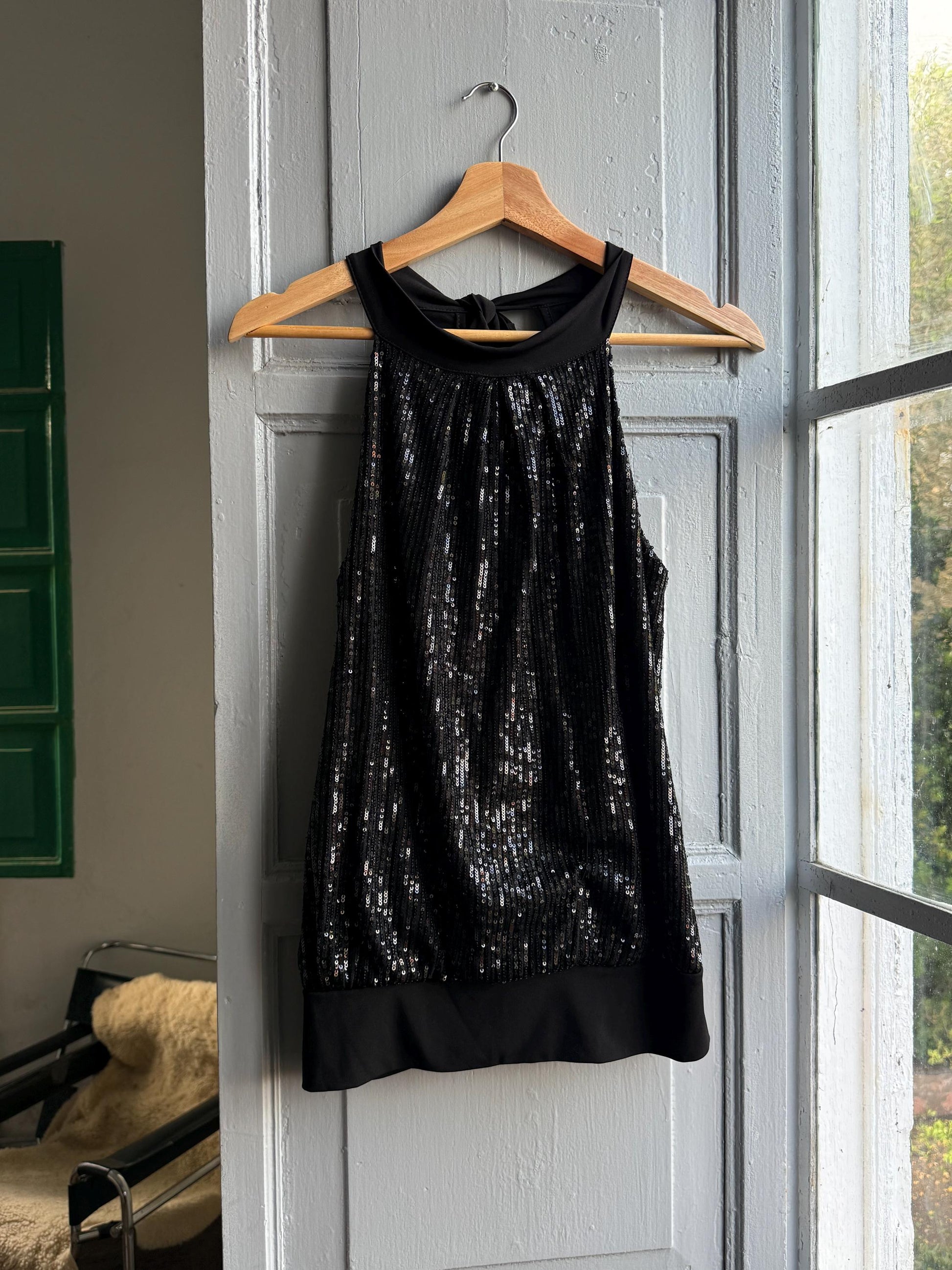 Black sequin halter top, NYE sparkly outfit, Festive party wear, S