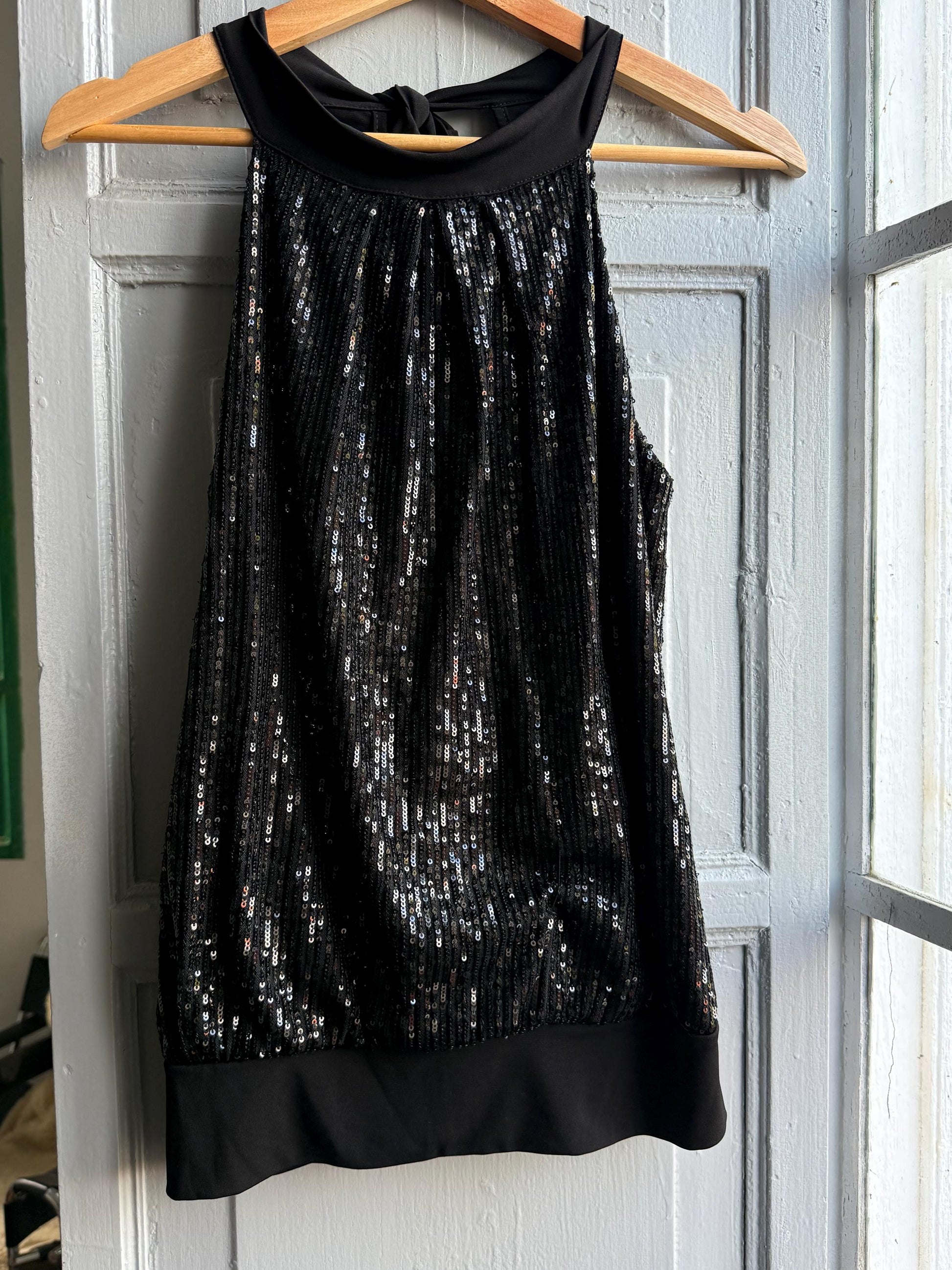 Black sequin halter top, NYE sparkly outfit, Festive party wear, S