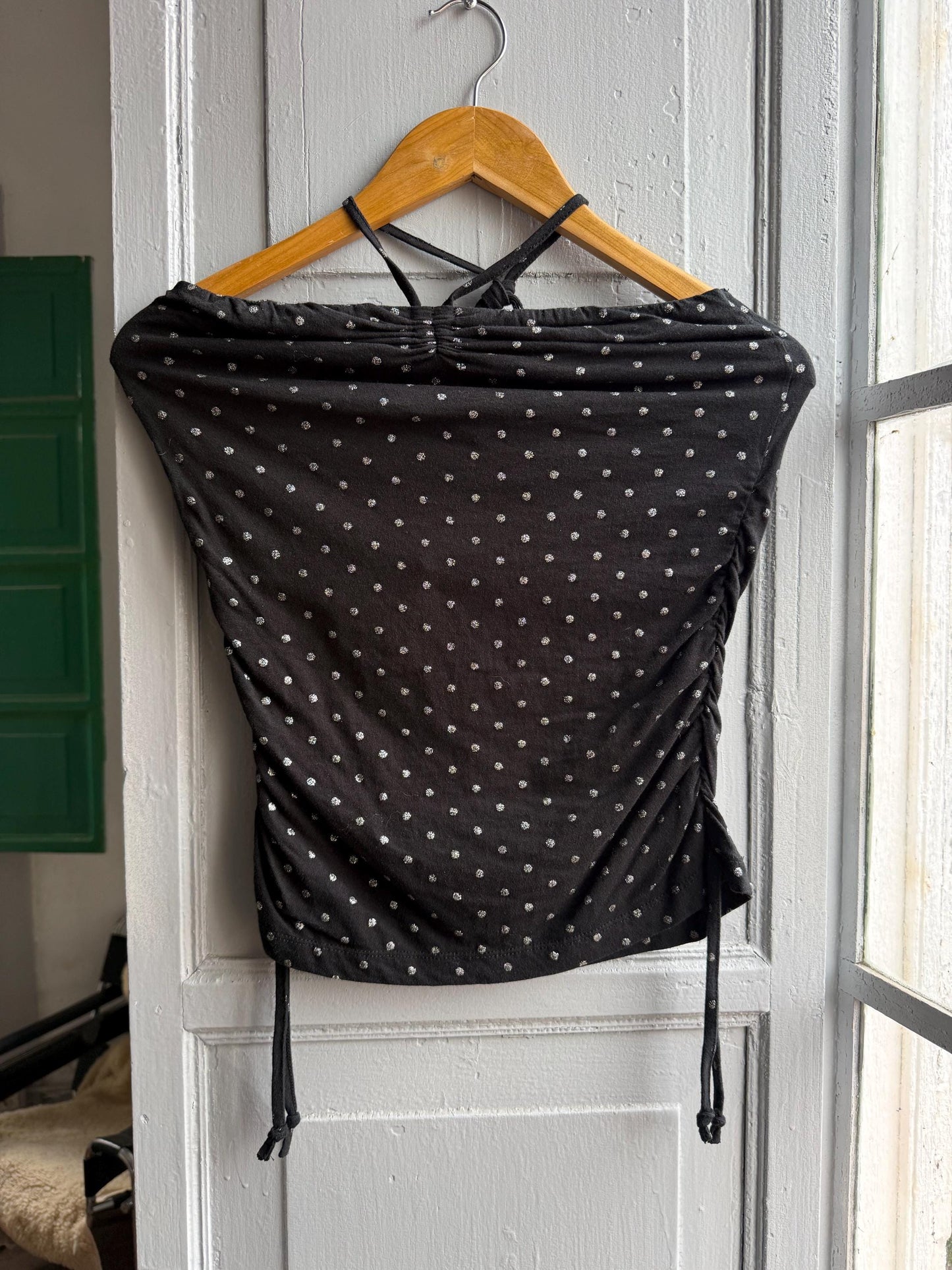 Vintage Black Halter Top With Silver Dots — back view