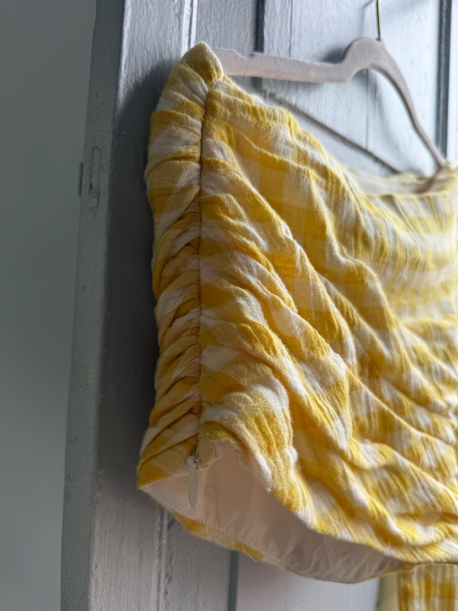 Yellow checkered one shoulder top, Summer crop top playful retro 90s, XS