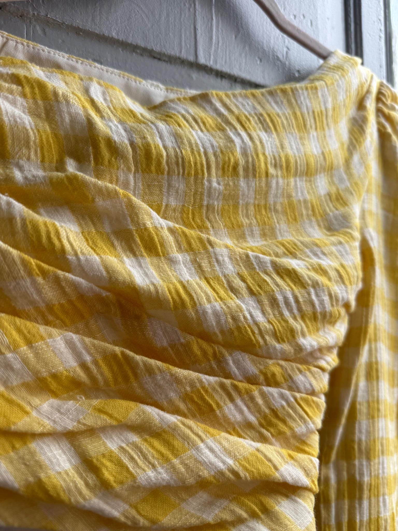 Yellow checkered one shoulder top, Summer crop top playful retro 90s, XS