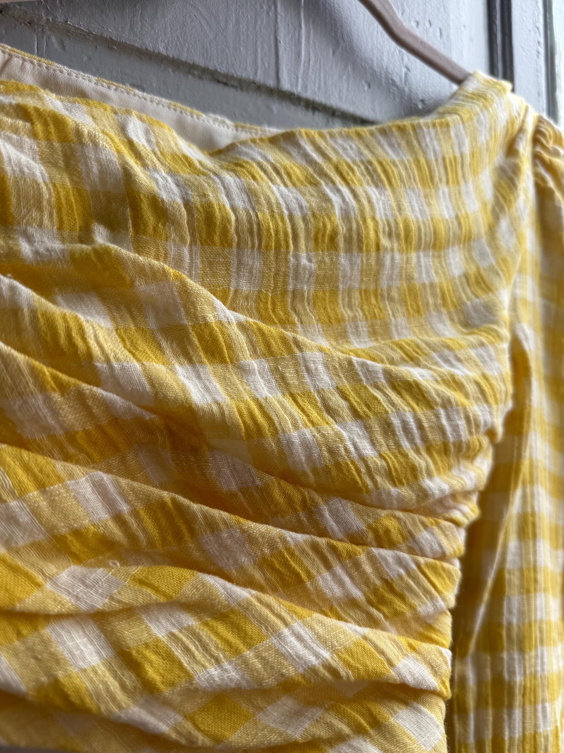 Yellow checkered one shoulder top, Summer crop top playful retro 90s, XS