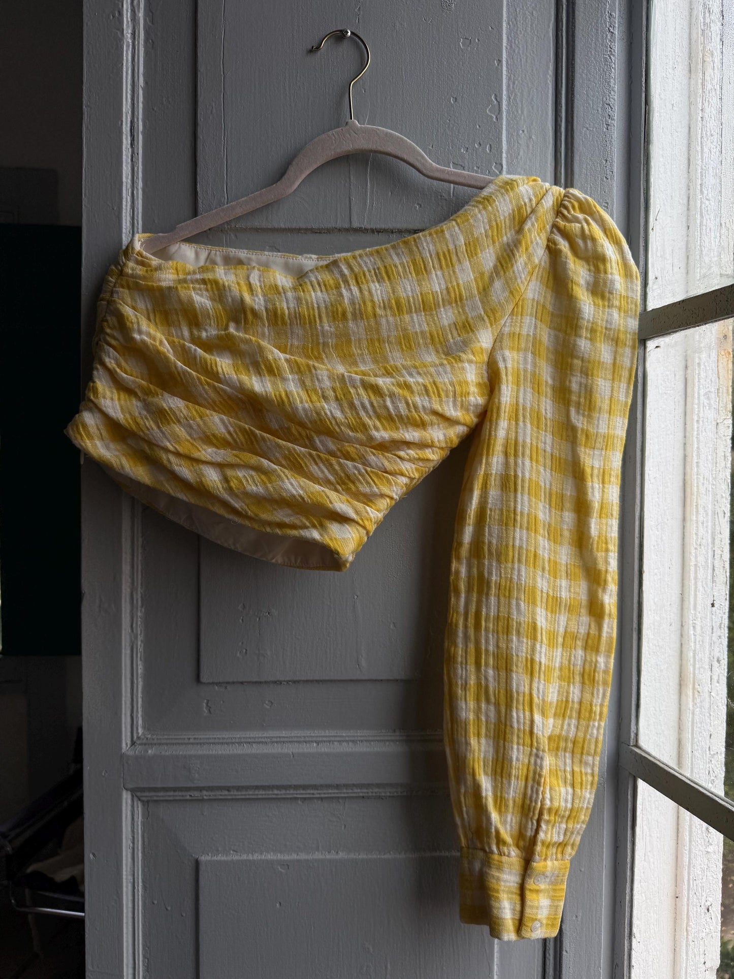 Yellow checkered one shoulder top, Summer crop top playful retro 90s, XS