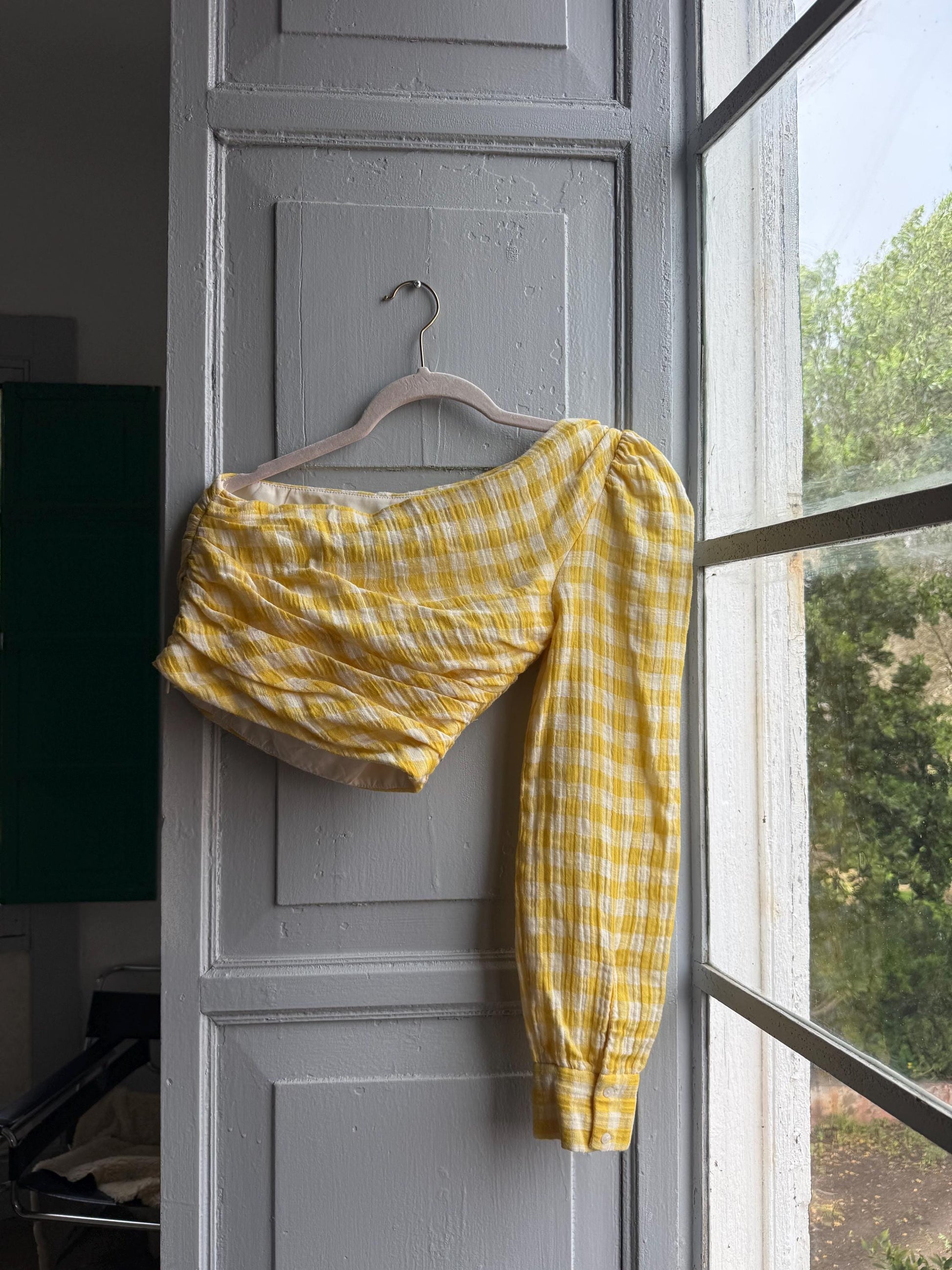 Yellow checkered one shoulder top, Summer crop top playful retro 90s, XS