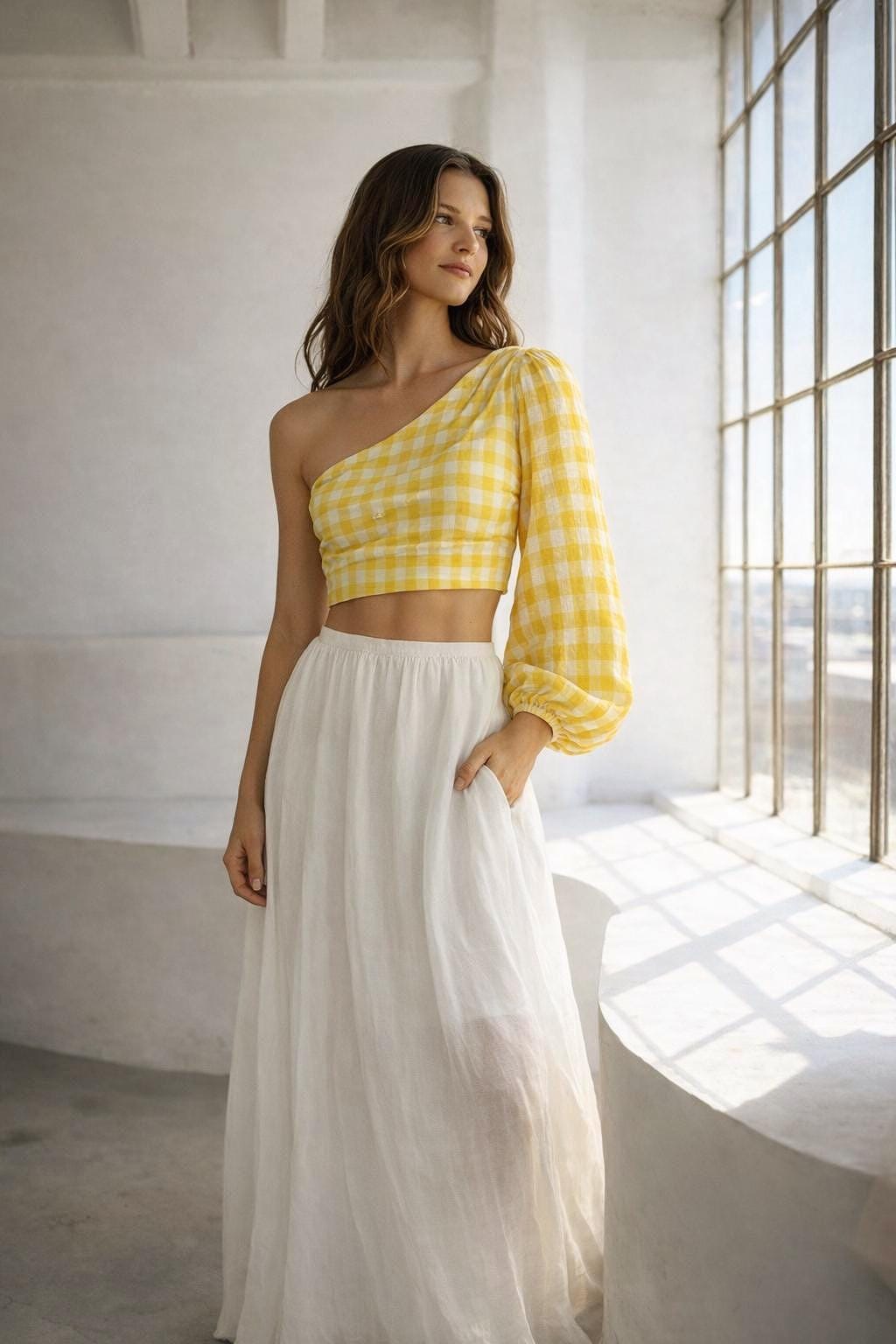 Yellow checkered one shoulder top, Summer crop top playful retro 90s, XS