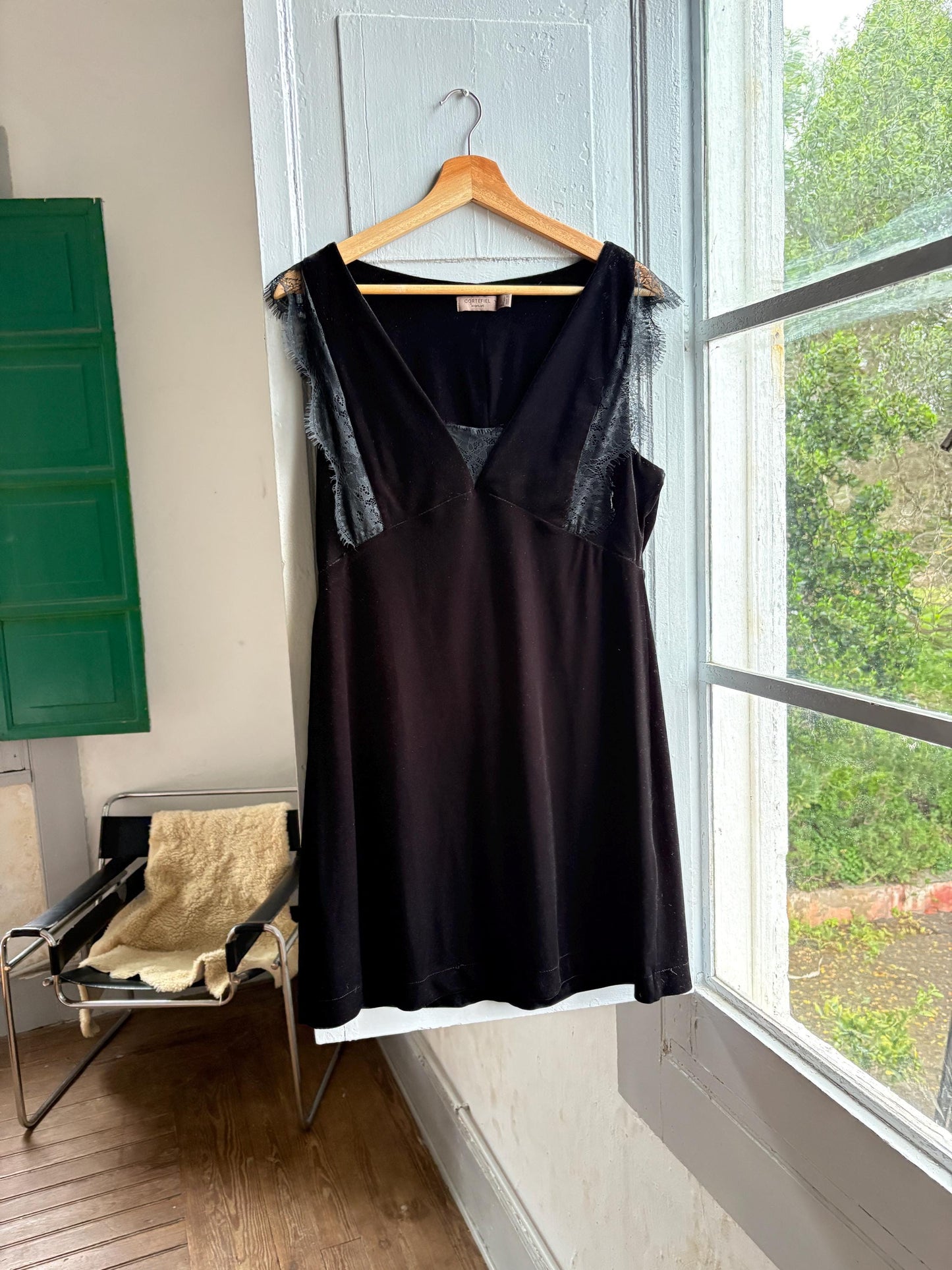 Black velvet a-line dress, Simple black short formal dress, Size L - UK 12