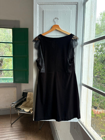 Black velvet a-line dress, Simple black short formal dress, Size L - UK 12