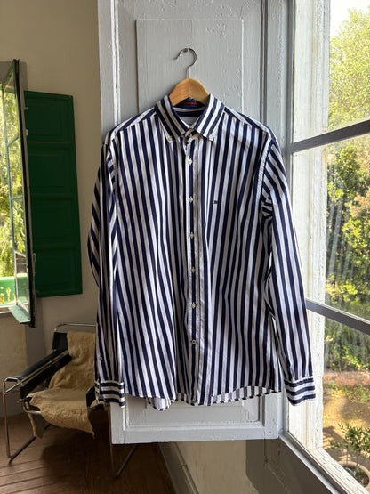 Navy Striped Preppy Shirt — fabric close-up