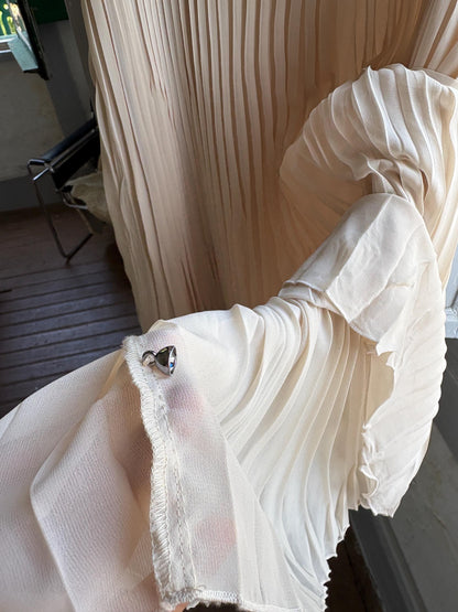 Sisley beige pleated formal dress, Butterfly sleeves, Summer event dress, size M
