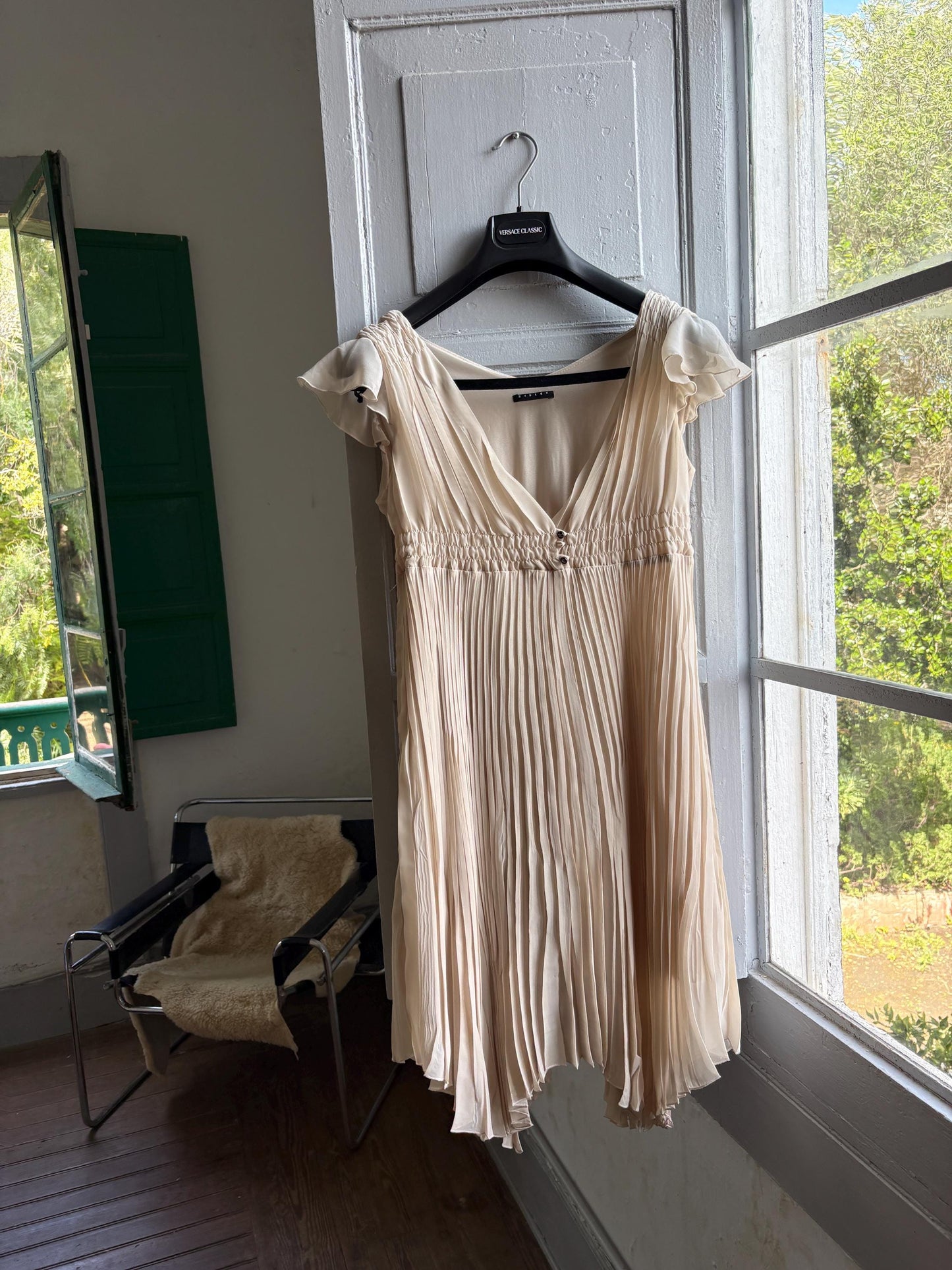 Sisley beige pleated formal dress, Butterfly sleeves, Summer event dress, size M