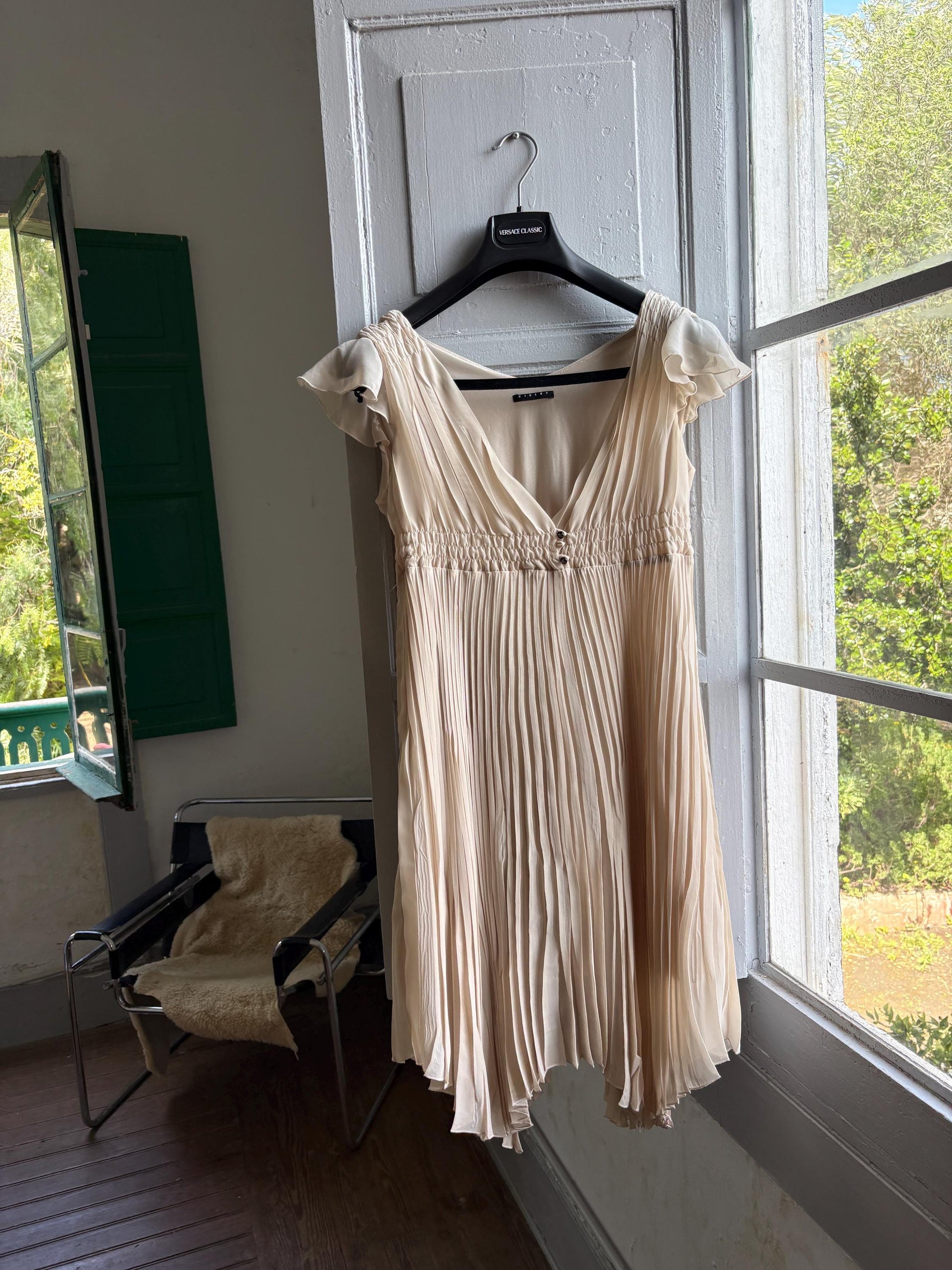 Sisley beige pleated formal dress, Butterfly sleeves, Summer event dress, size M