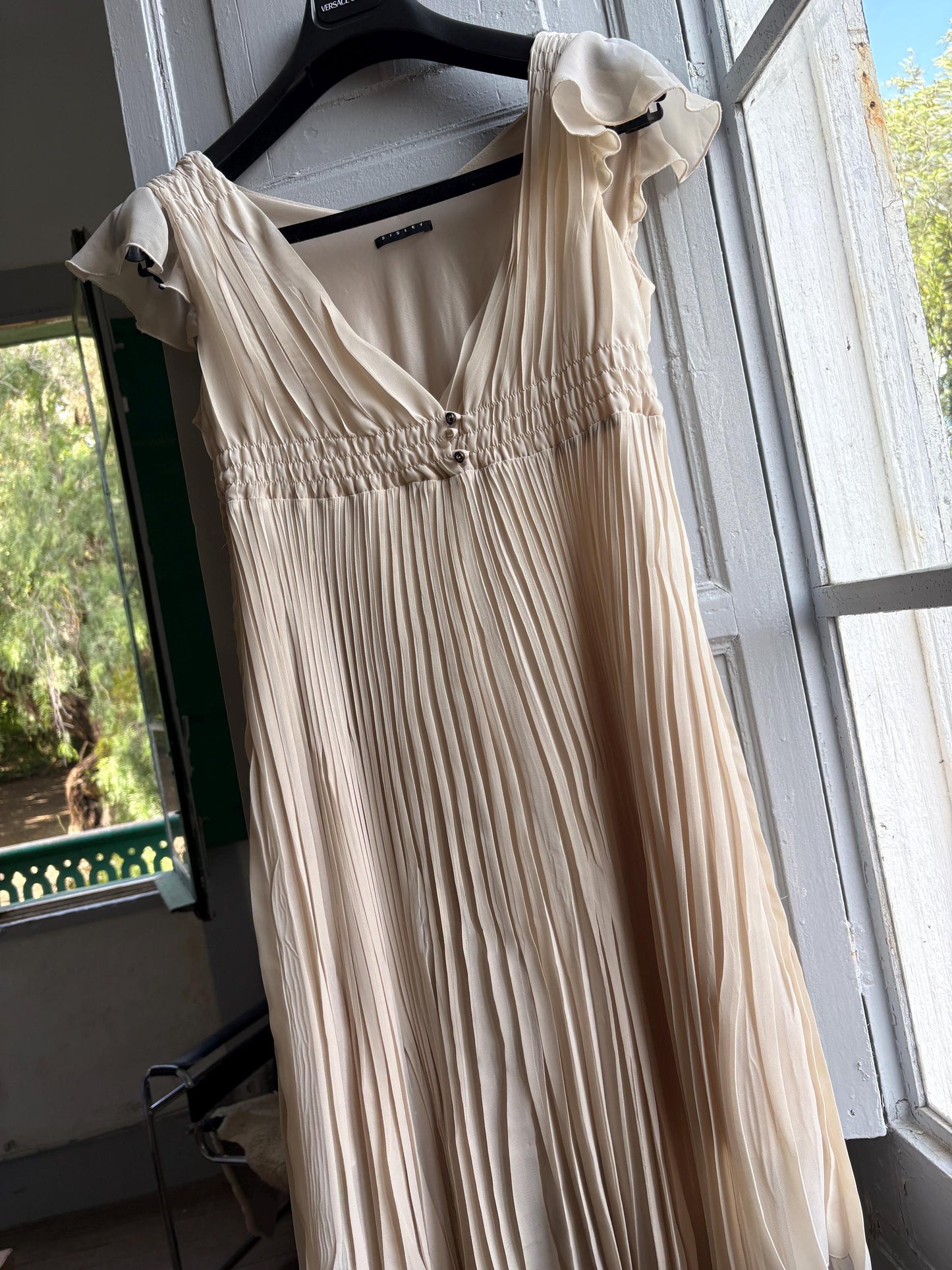 Sisley beige pleated formal dress, Butterfly sleeves, Summer event dress, size M
