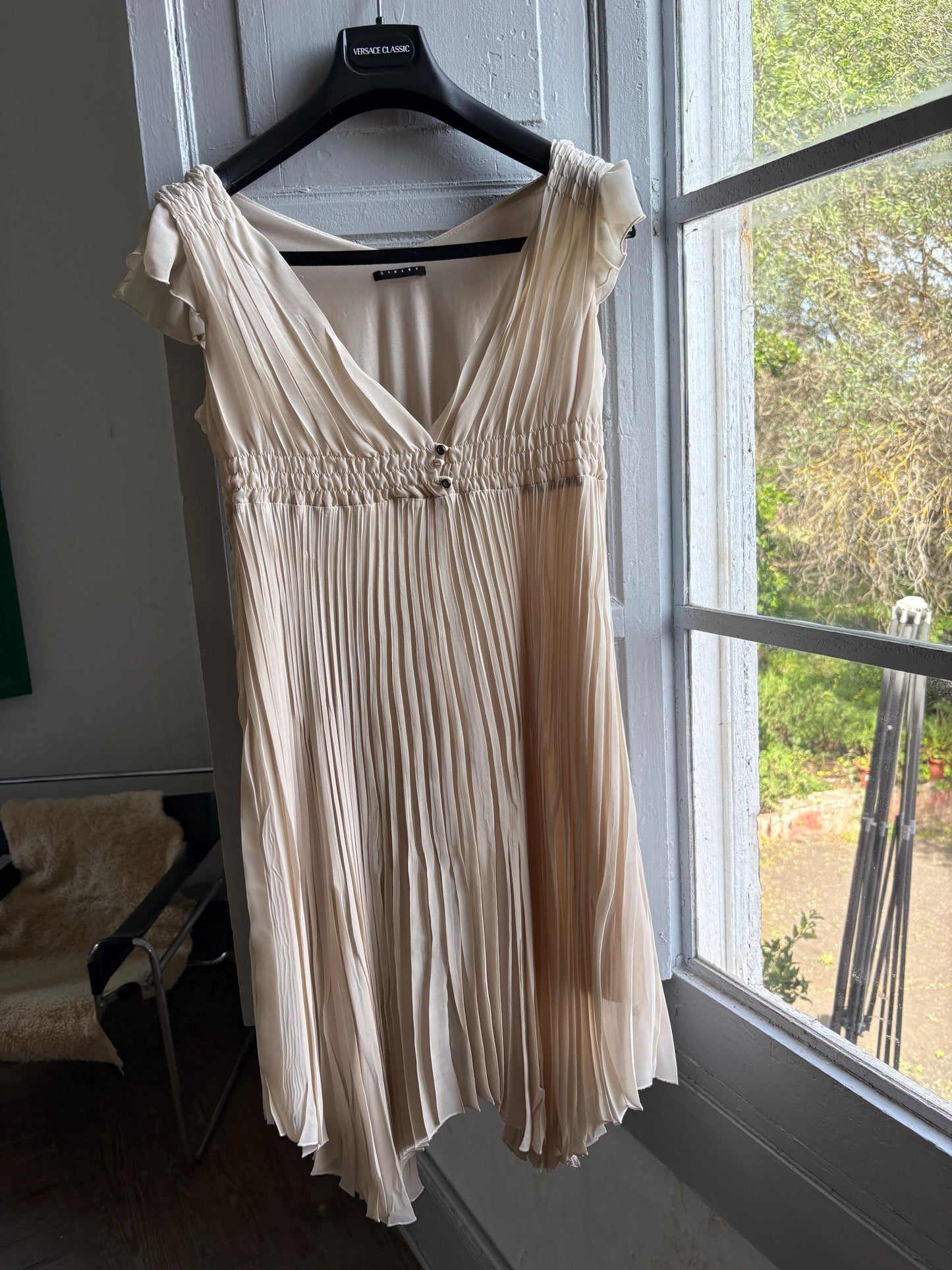 Sisley beige pleated formal dress, Butterfly sleeves, Summer event dress, size M