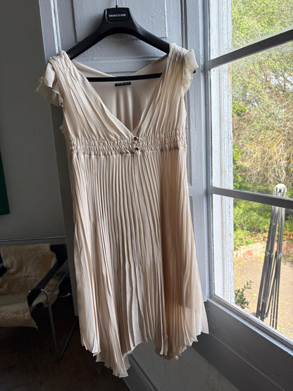 Sisley beige pleated formal dress, Butterfly sleeves, Summer event dress, size M
