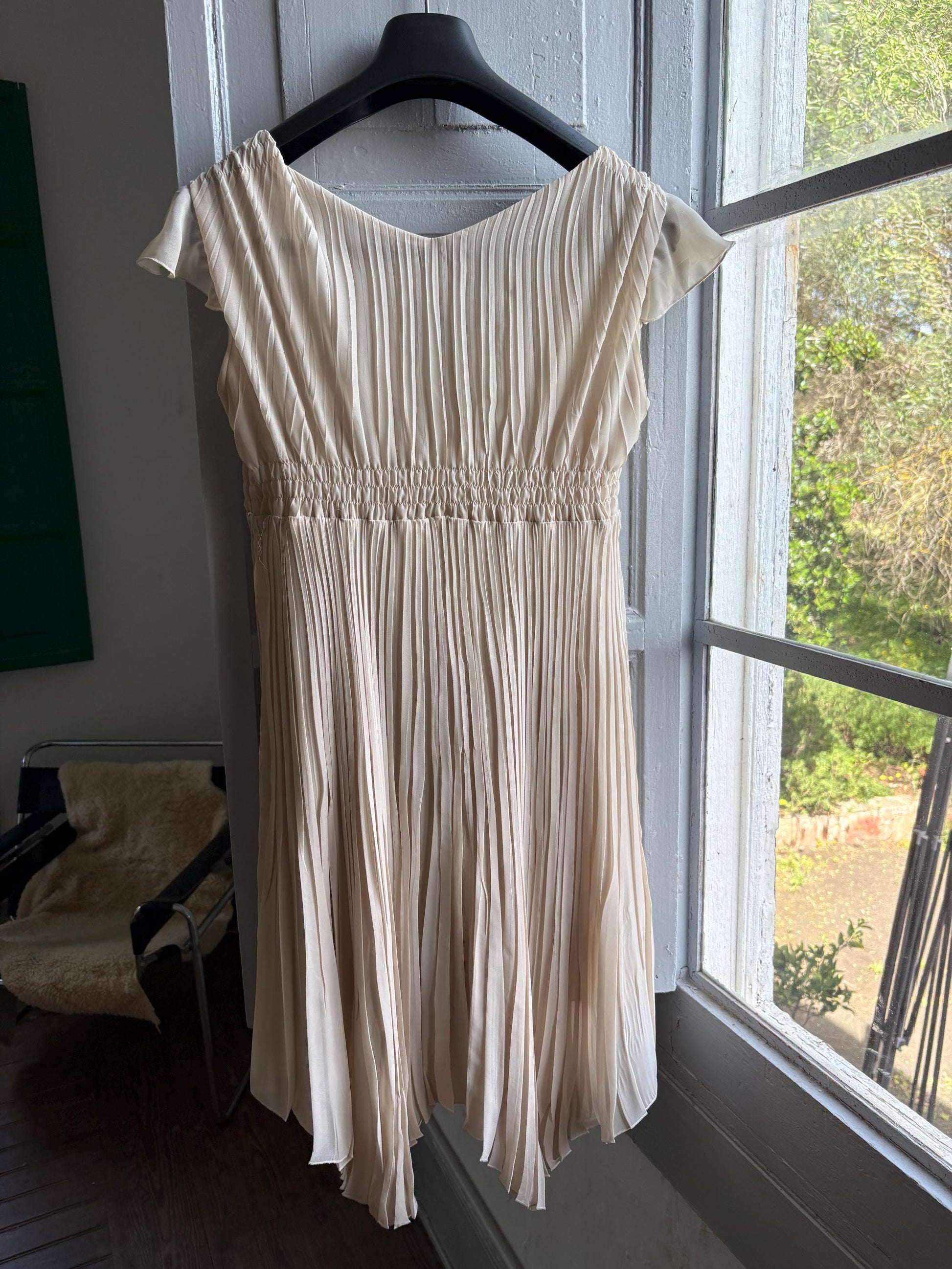Sisley beige pleated formal dress, Butterfly sleeves, Summer event dress, size M