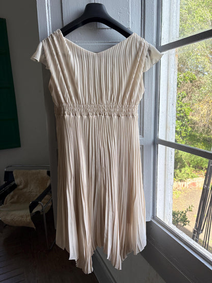 Sisley beige pleated formal dress, Butterfly sleeves, Summer event dress, size M