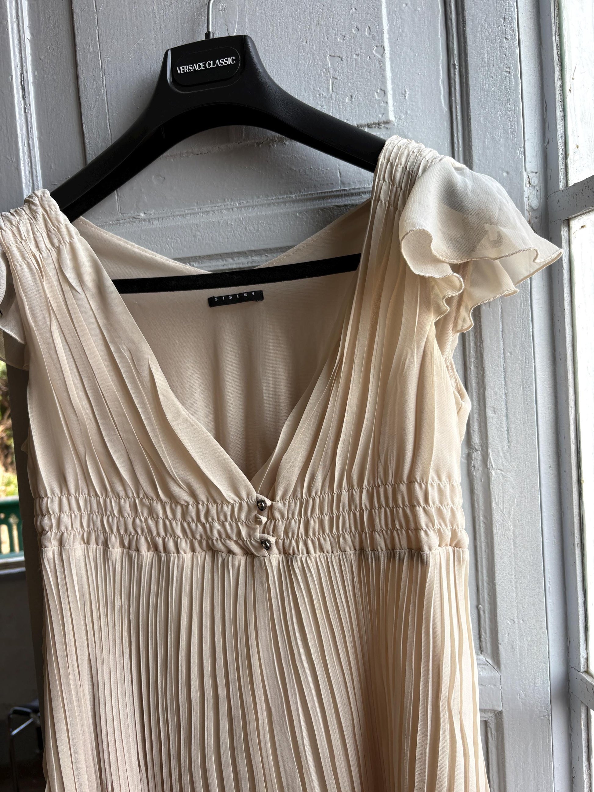Sisley beige pleated formal dress, Butterfly sleeves, Summer event dress, size M