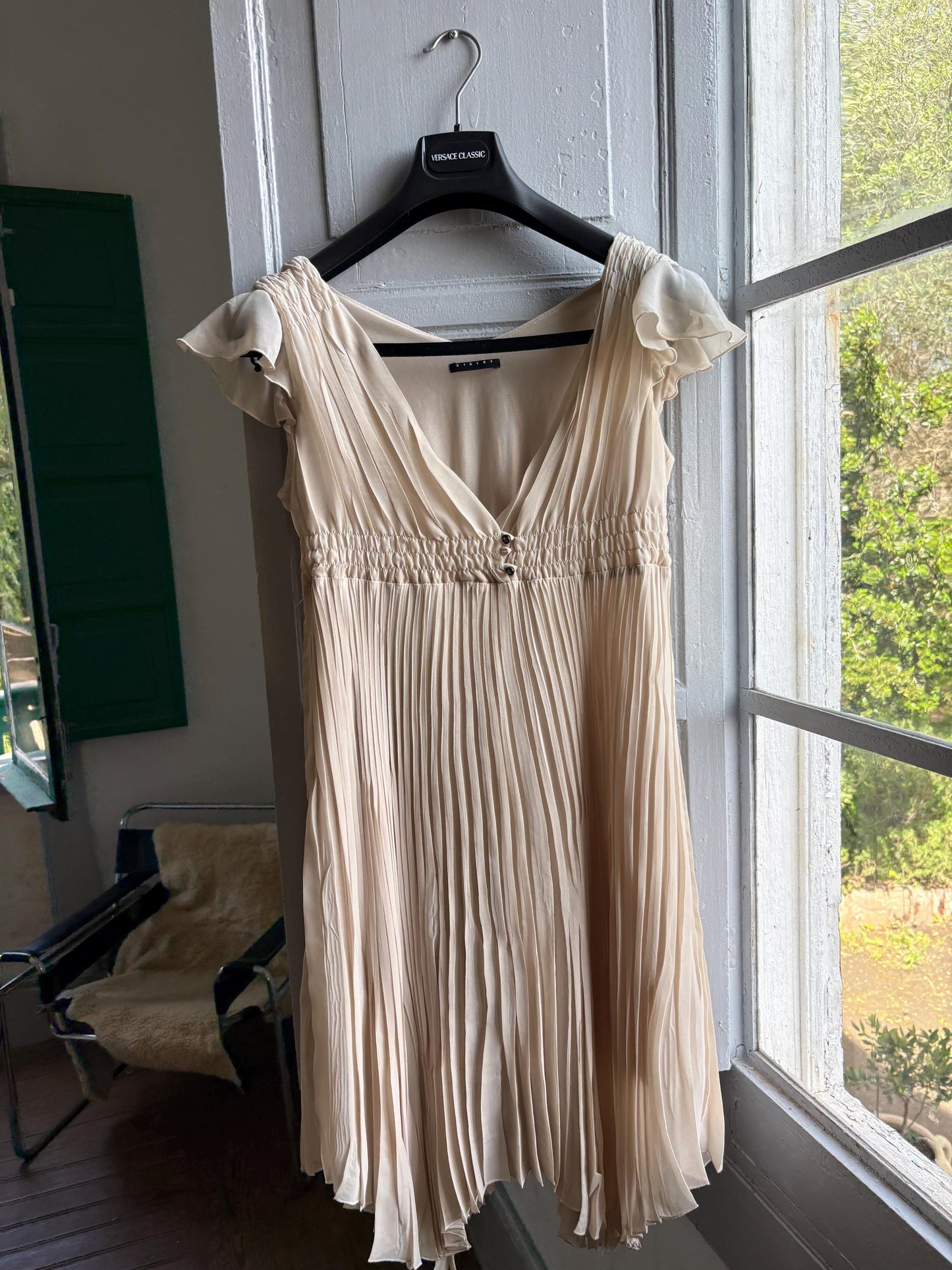 Sisley beige pleated formal dress, Butterfly sleeves, Summer event dress, size M