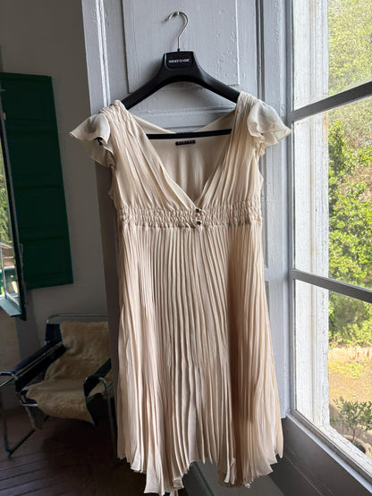 Sisley beige pleated formal dress, Butterfly sleeves, Summer event dress, size M