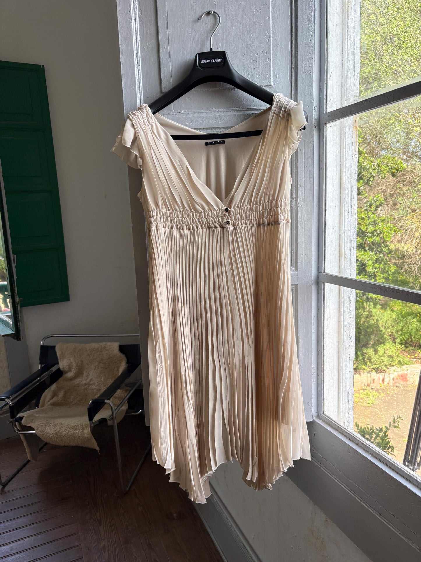 Sisley beige pleated formal dress, Butterfly sleeves, Summer event dress, size M