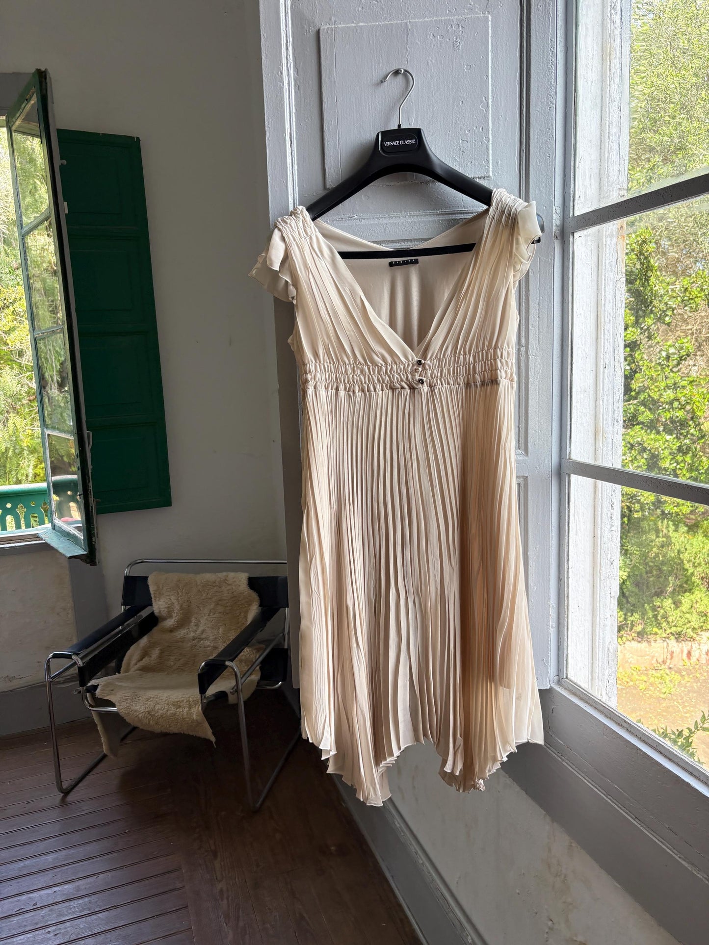 Sisley beige pleated formal dress, Butterfly sleeves, Summer event dress, size M