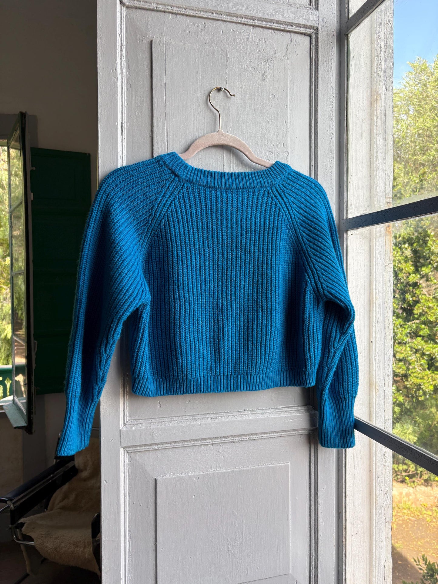 Vibrant Blue Cropped Ribbed Knit Jumper — back view