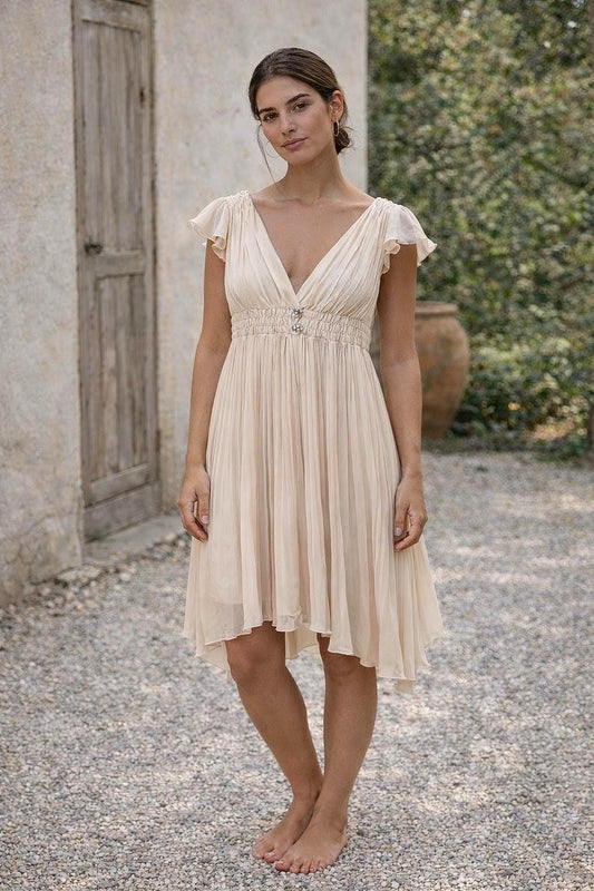Sisley beige pleated formal dress, Butterfly sleeves, Summer event dress, size M