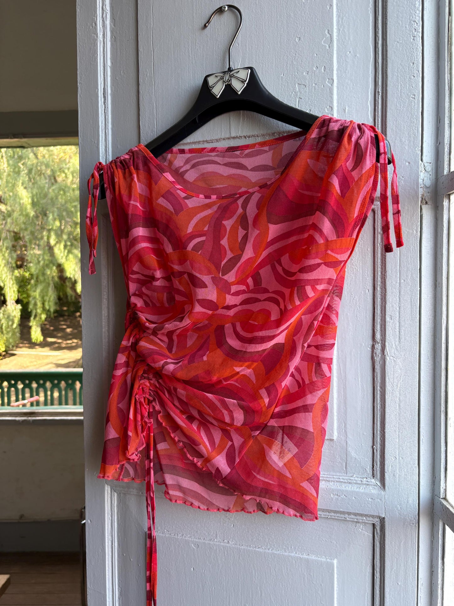 Y2K Swirl Print Pink Sheer Camisole — fabric close-up