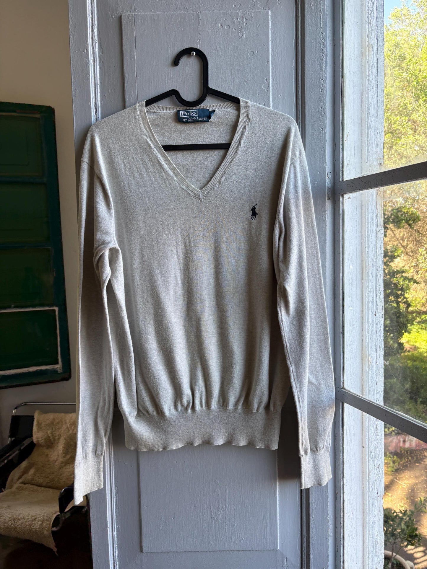 Beige Pima Cotton Long Sleeve Shirt — fabric close-up