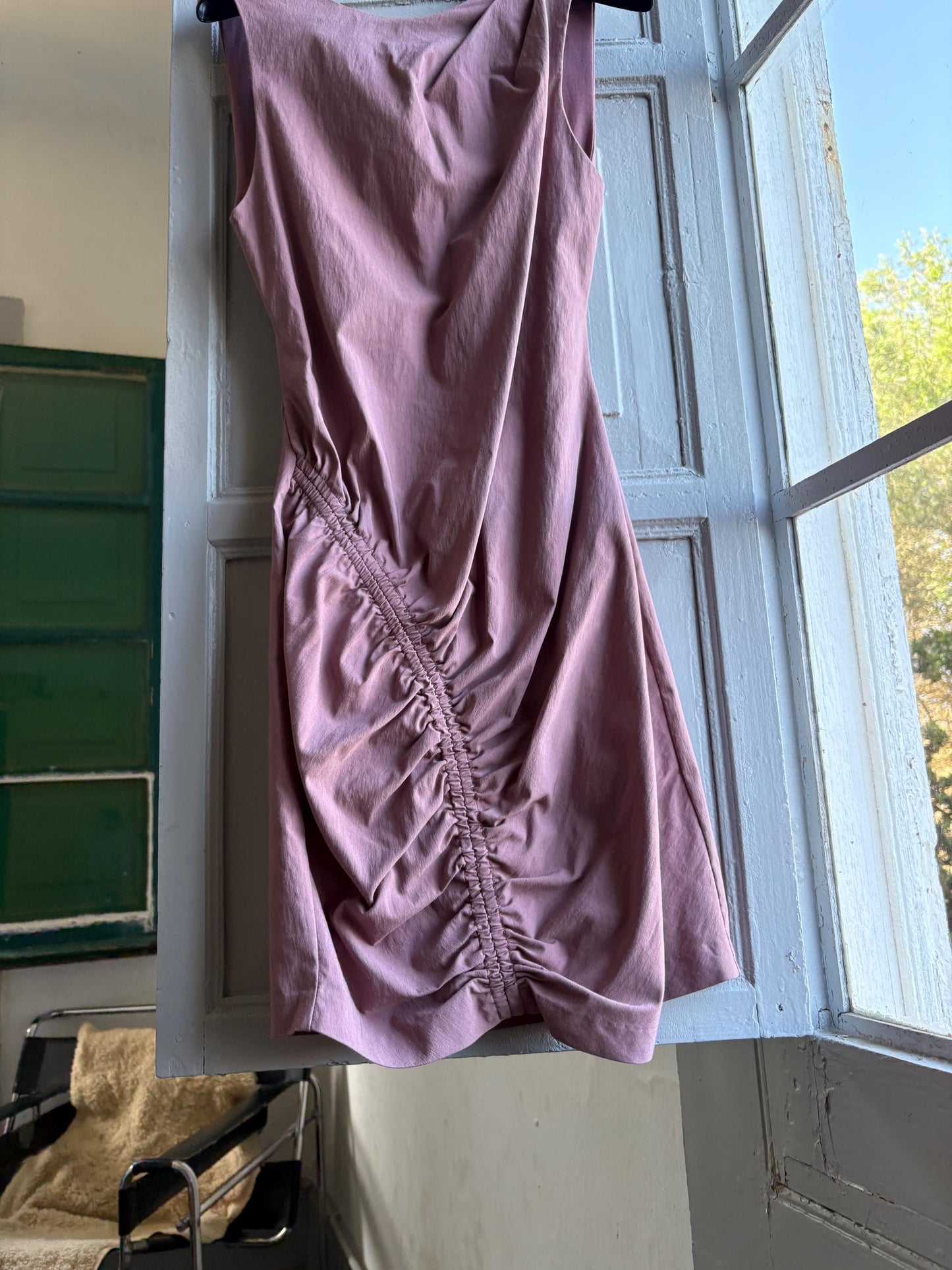 Dusty pink dress with deep open back, Sexy hourglass figure mini.