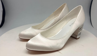 Ivory Satin Low Block Heel Wedding Shoes — detail