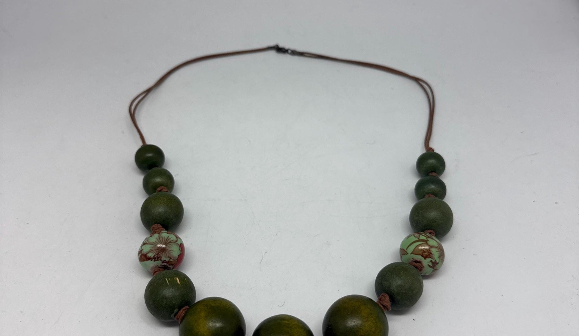 Vintage Green Wooden Beaded Necklace — back view
