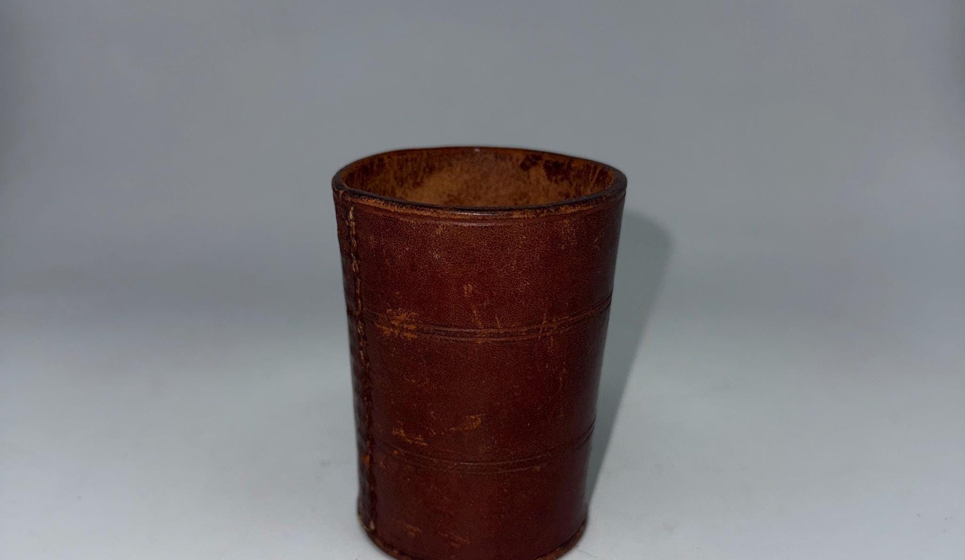 Vintage Brown Leather Cup, Masculine Decor — detail