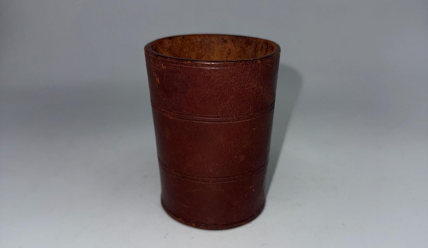 Vintage Brown Leather Cup, Masculine Decor — fabric close-up