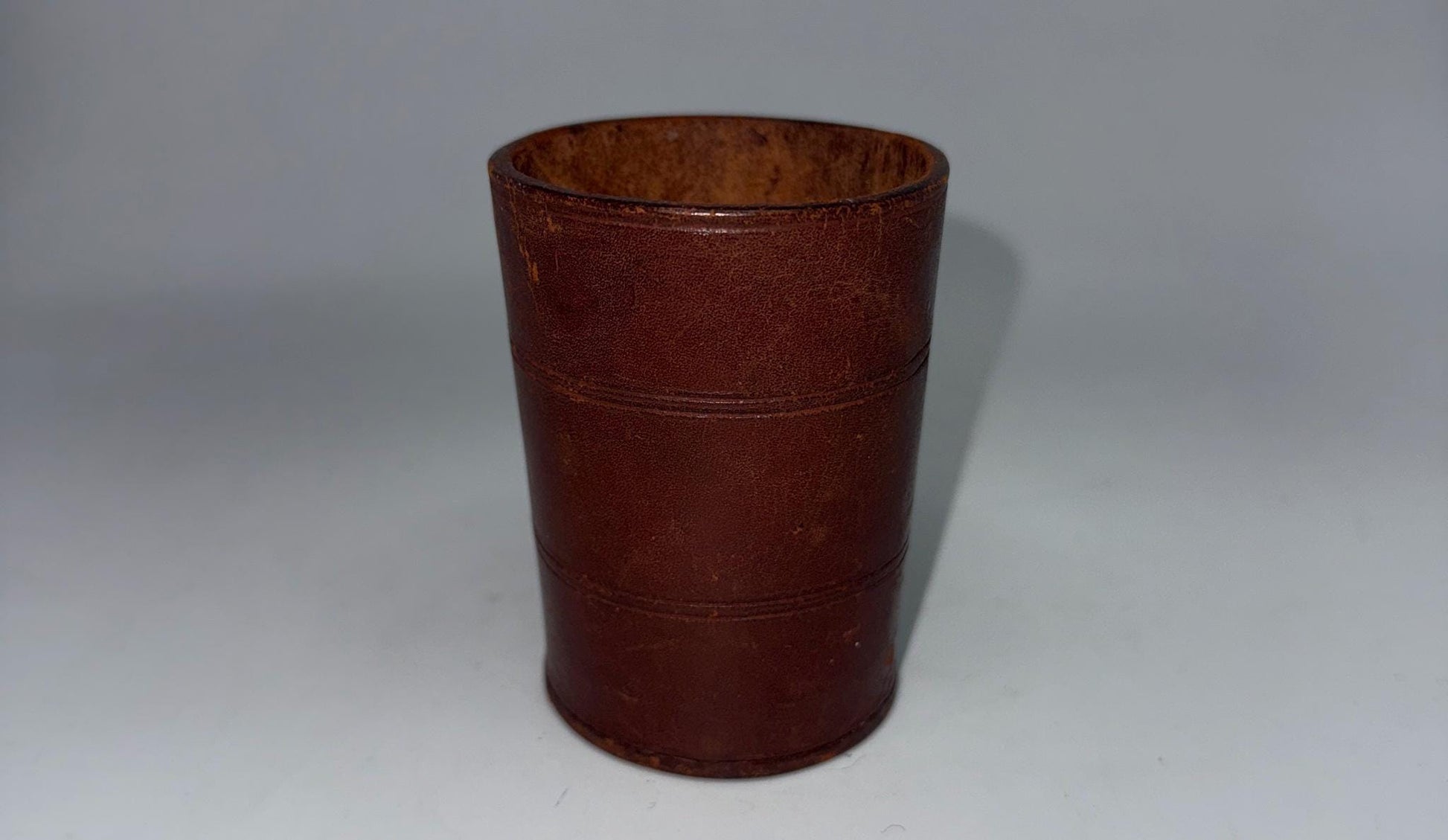 Vintage Brown Leather Cup, Masculine Decor — fabric close-up