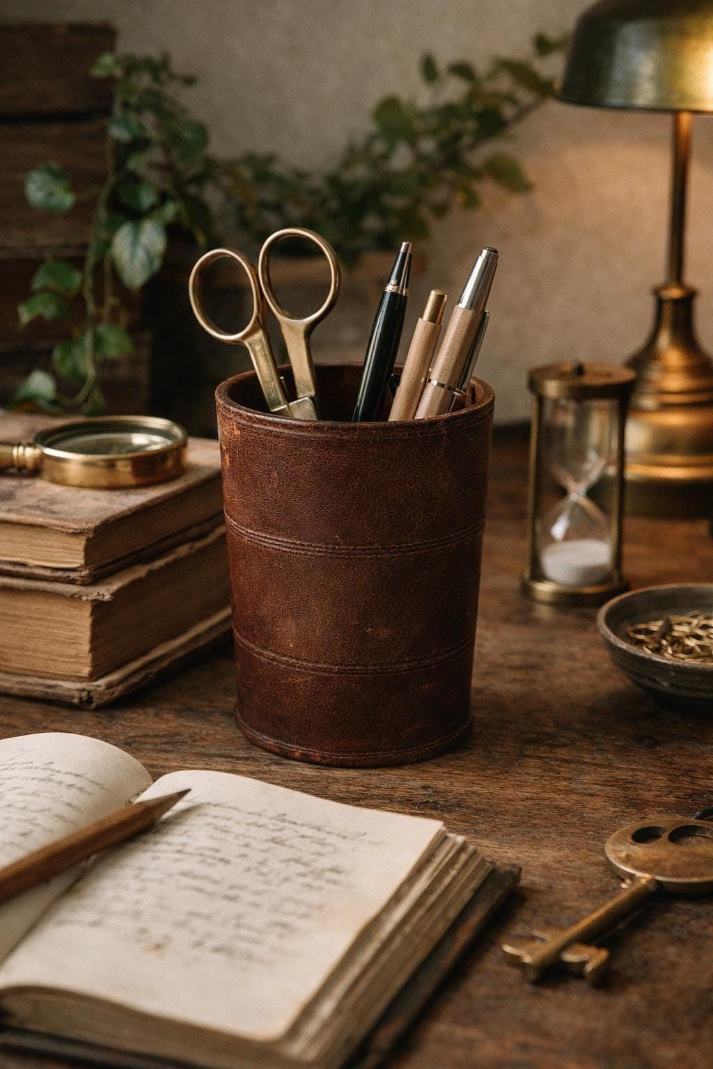 Vintage Brown Leather Cup, Masculine Decor