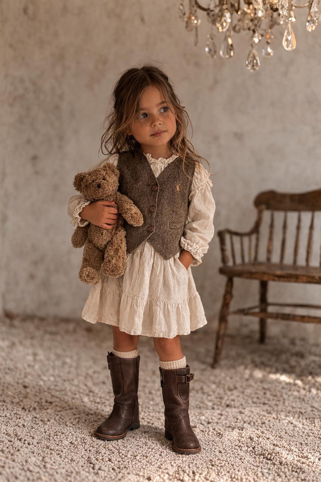 brown Long Leather girl Boots, Size 25 Children