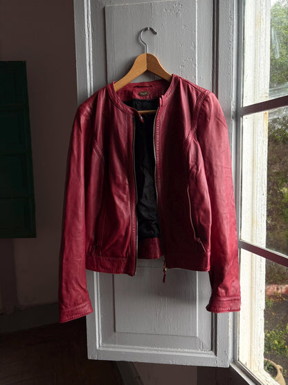 Burgundy Leather Minimalist Jacket for Women — fabric close-up
