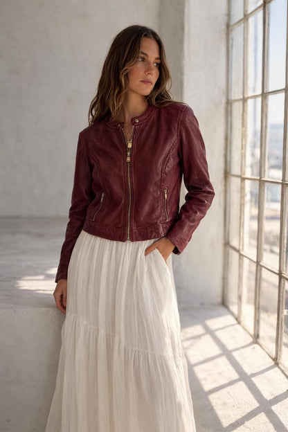 Burgundy Leather Minimalist Jacket for Women