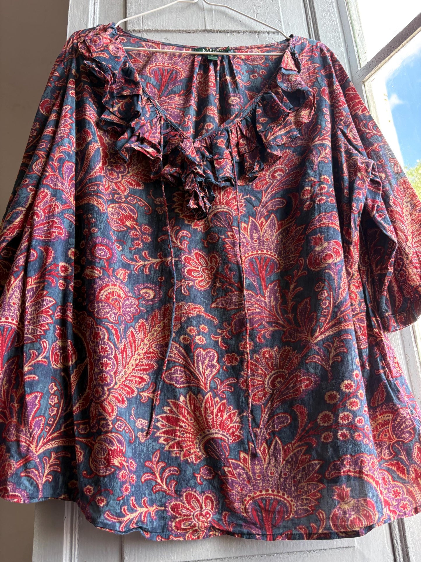 Floral Ruffled V-Neck Cotton Blouse — detail