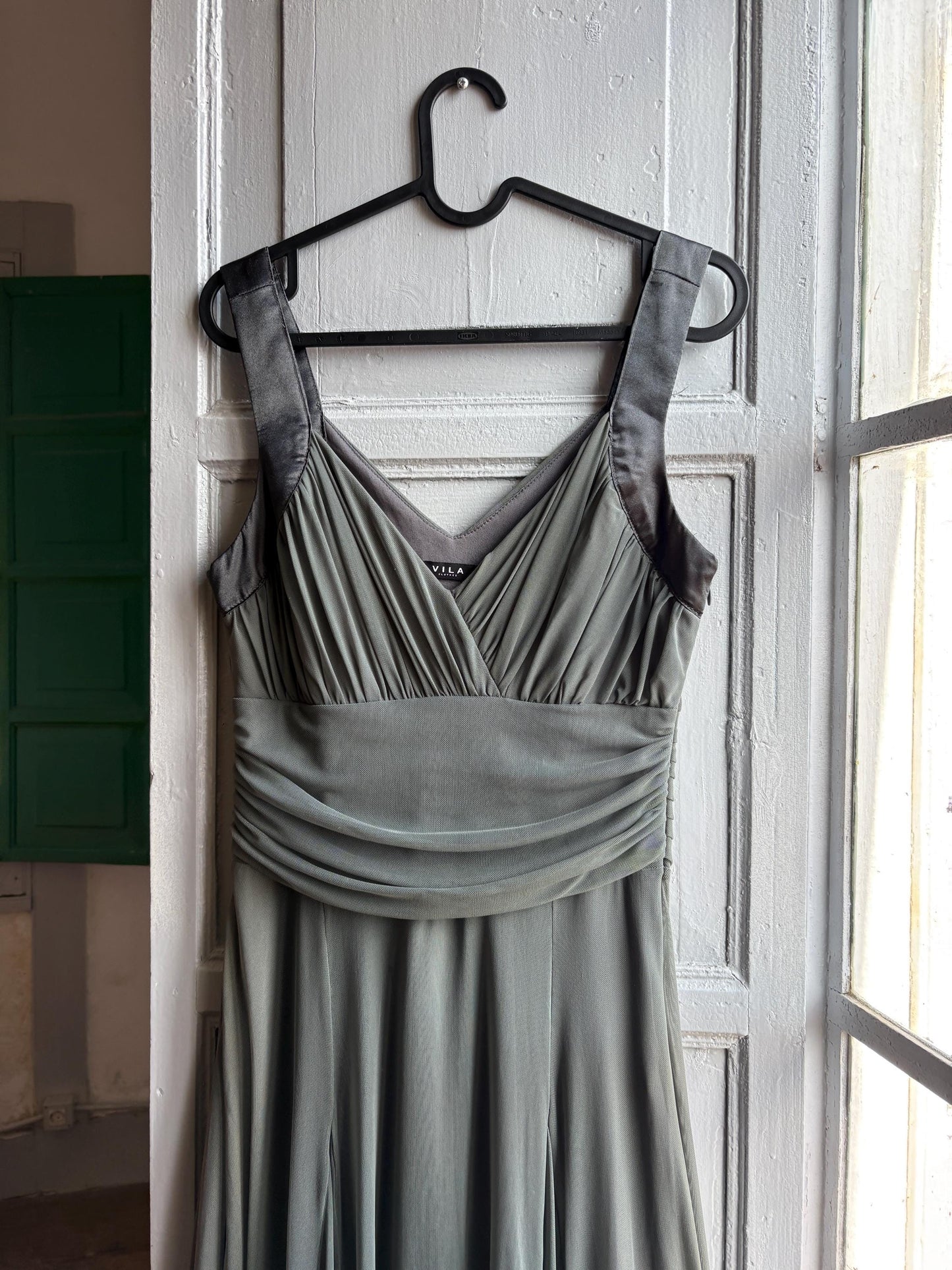 Grey flowy dress, draped design with ruched waist, minimalist evening wear, size M