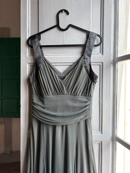 Grey flowy dress, draped design with ruched waist, minimalist evening wear, size M