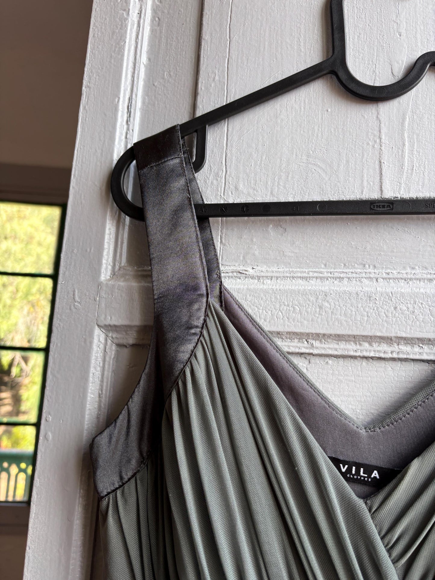 Grey flowy dress, draped design with ruched waist, minimalist evening wear, size M