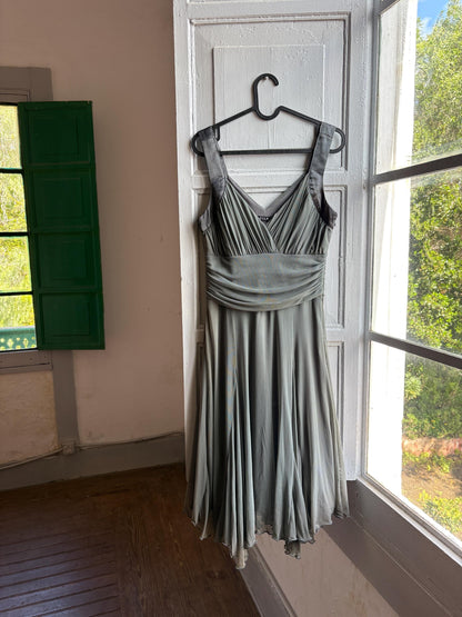 Grey flowy dress, draped design with ruched waist, minimalist evening wear, size M