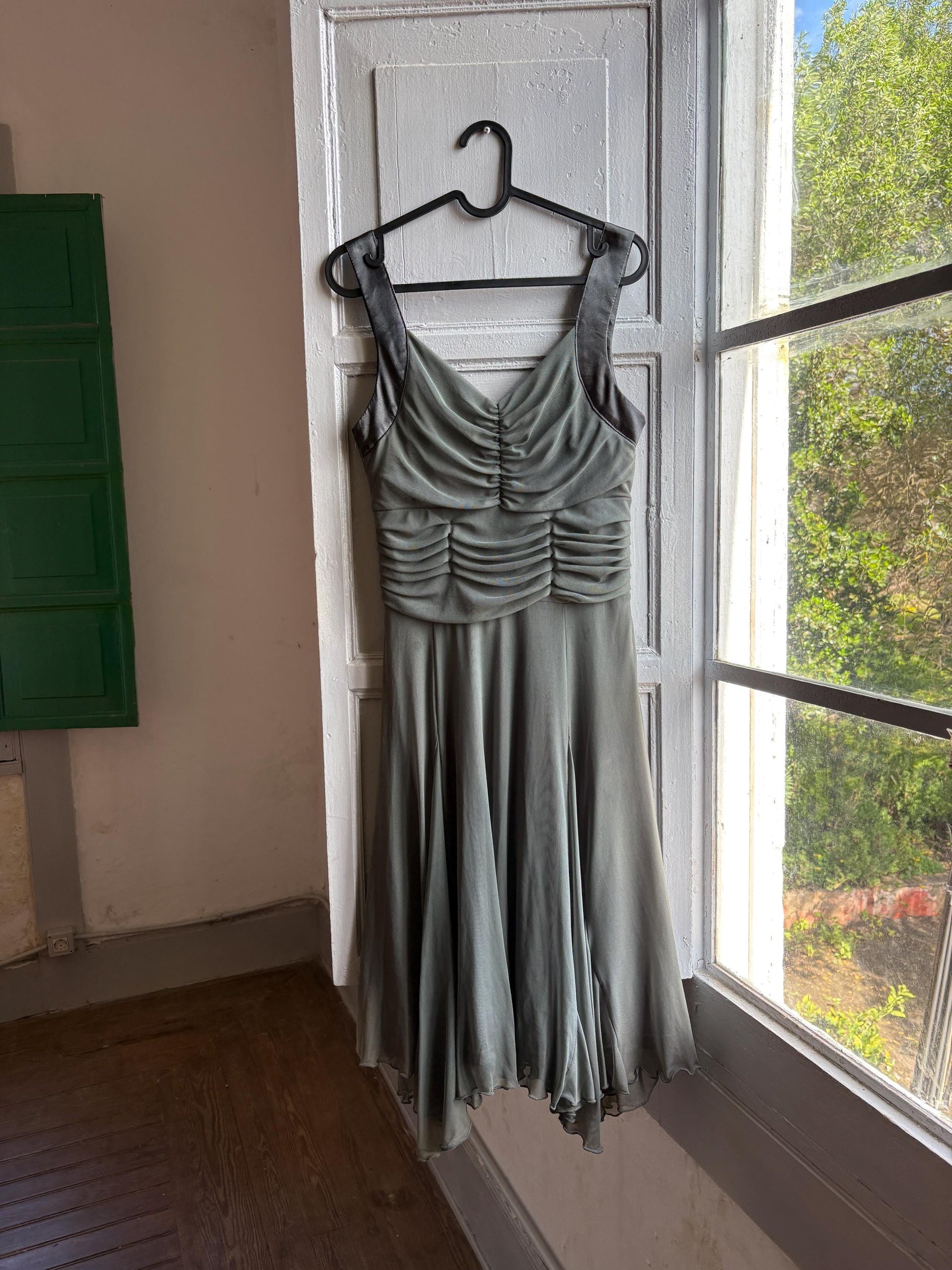 Grey flowy dress, draped design with ruched waist, minimalist evening wear, size M