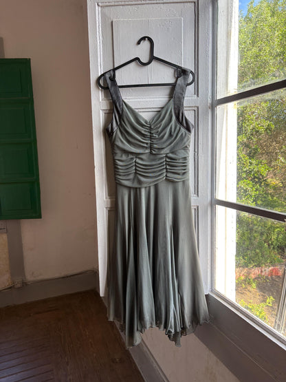 Grey flowy dress, draped design with ruched waist, minimalist evening wear, size M