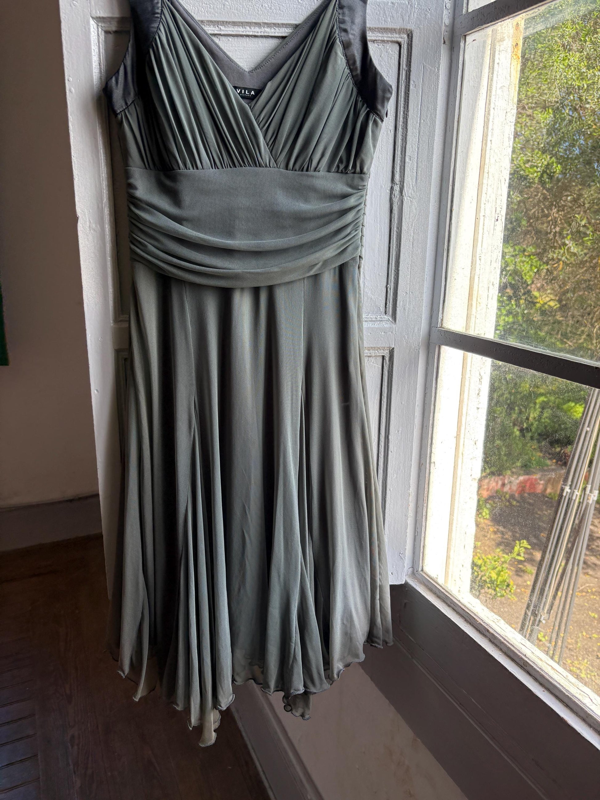 Grey flowy dress, draped design with ruched waist, minimalist evening wear, size M