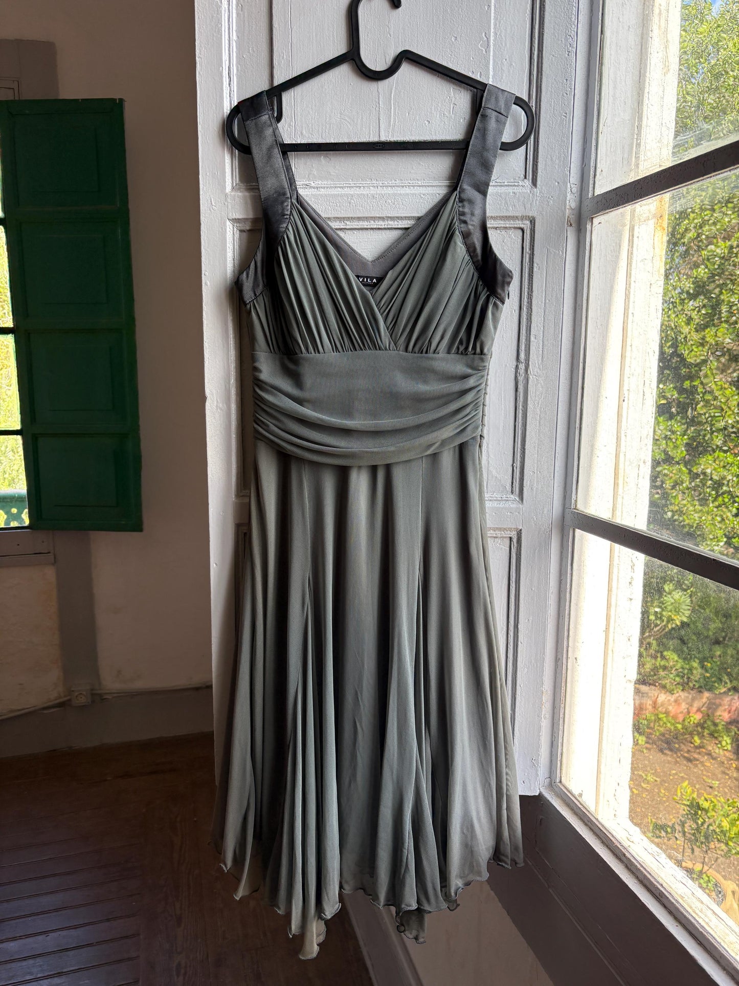Grey flowy dress, draped design with ruched waist, minimalist evening wear, size M